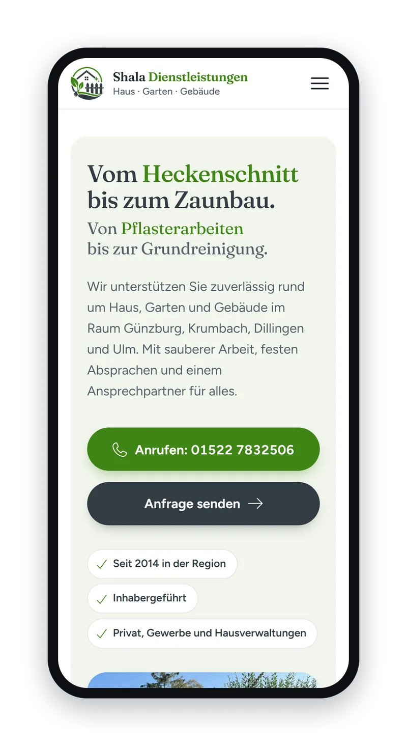Die Webseite von Shala Dienstleistung auf dem Handy